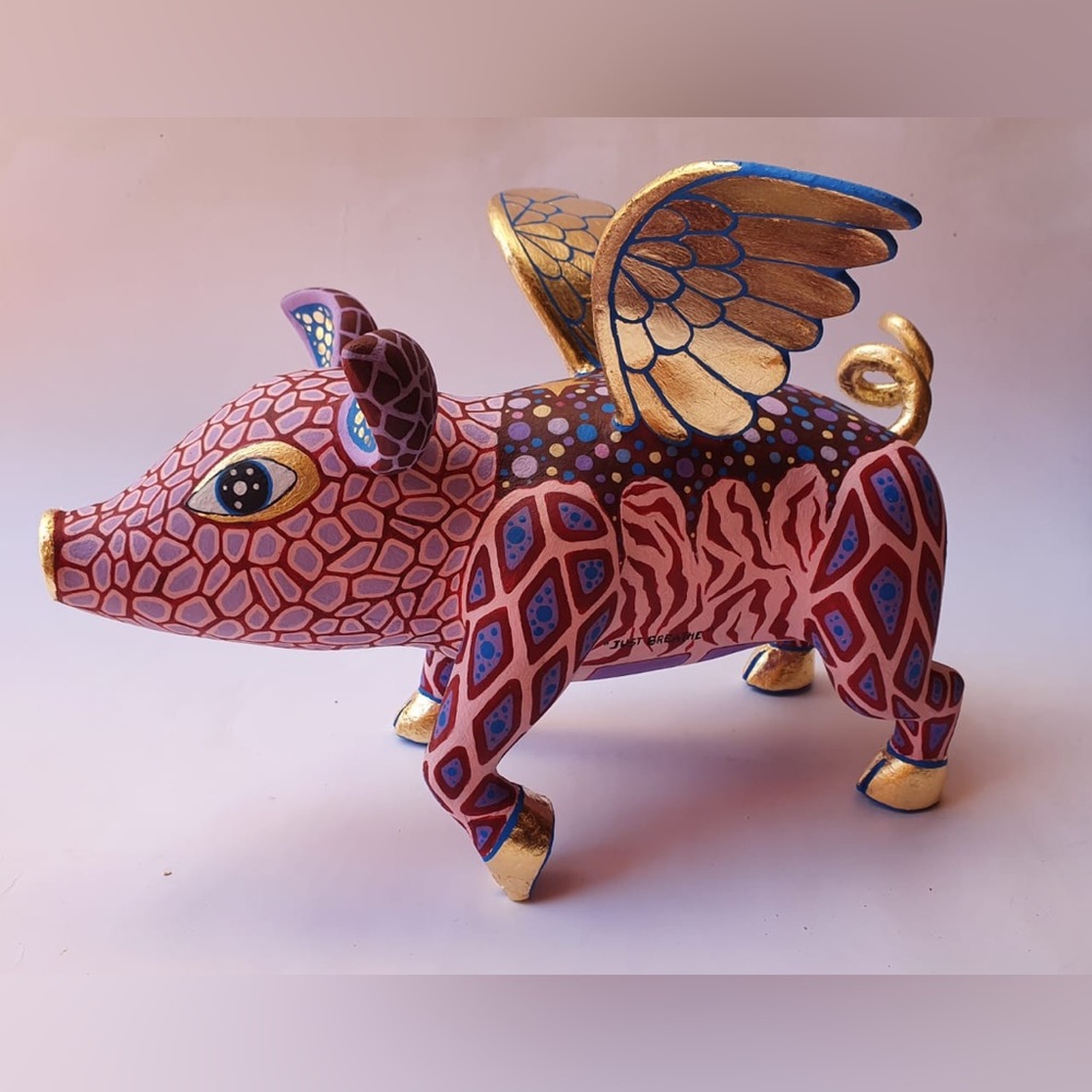 Flying Pig sculpture decor pink and burgundy